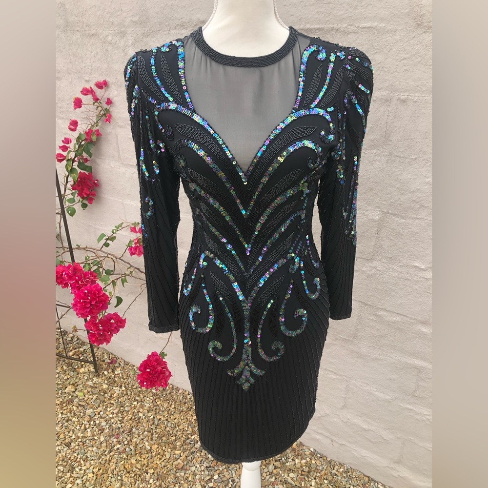 Vintage  mesh sequin beaded silk mini dress with long sleeve holiday sparkle - Picture 6 of 16